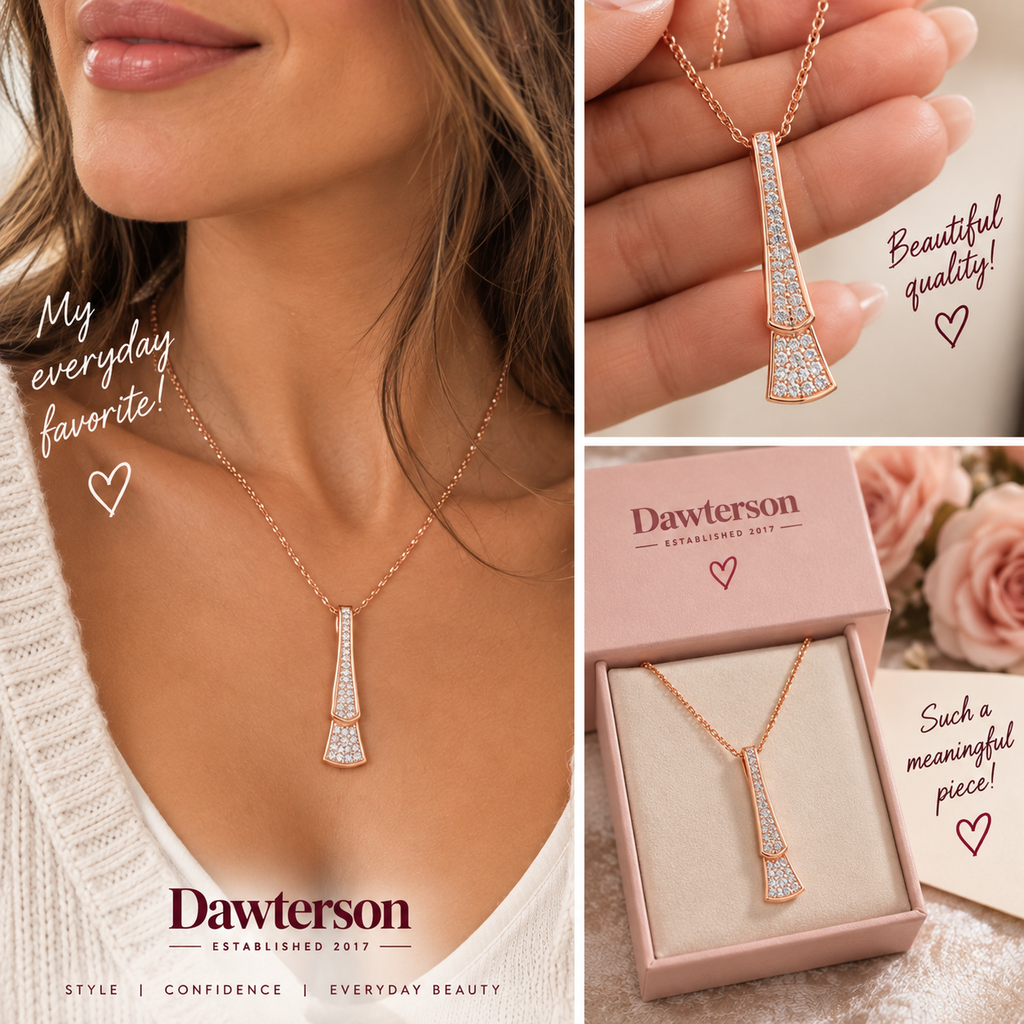 Rose Glow Crystal Drop Necklace three-panel real-life lifestyle collage