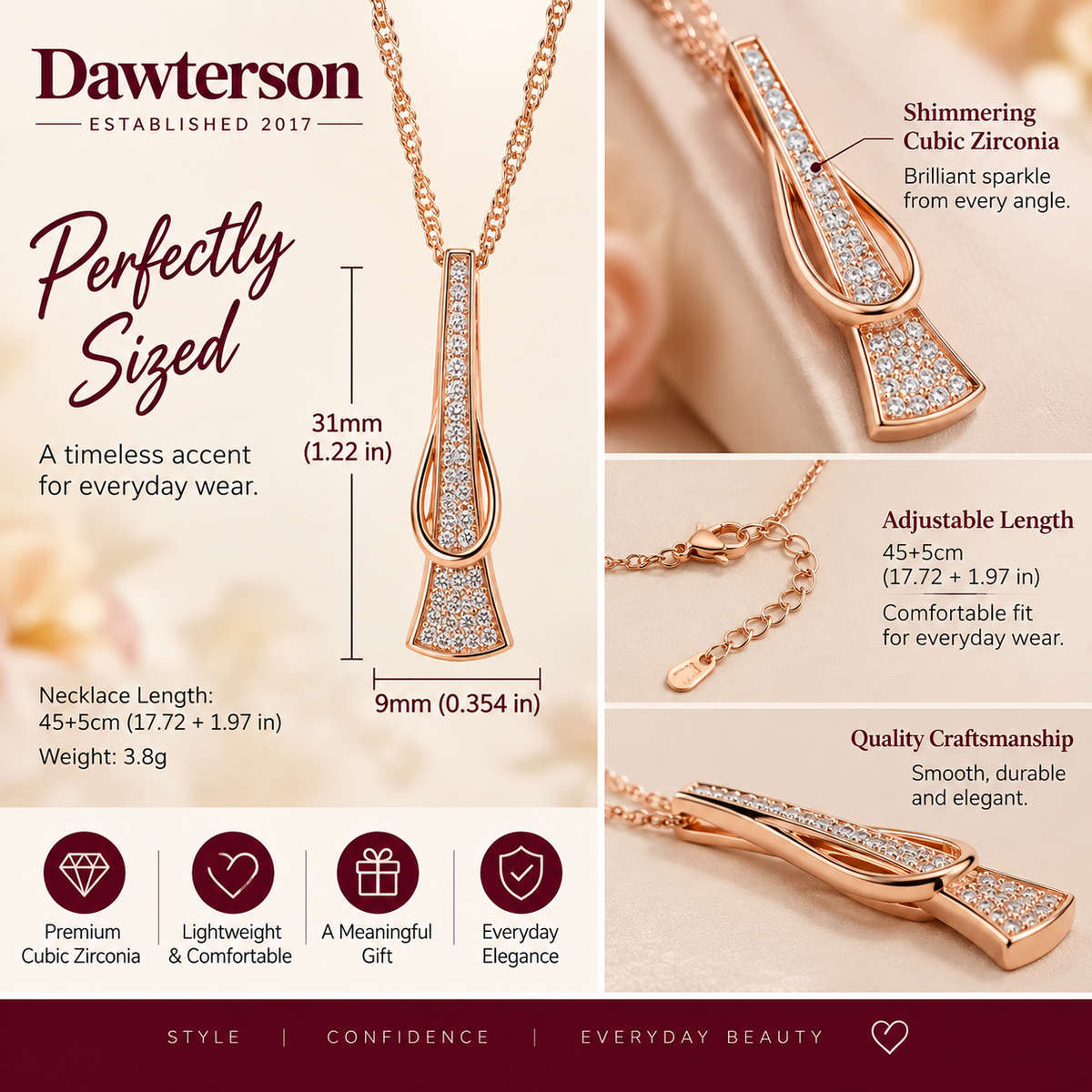 Rose Glow Crystal Drop Necklace size, adjustable length, crystal detail and craftsmanship
