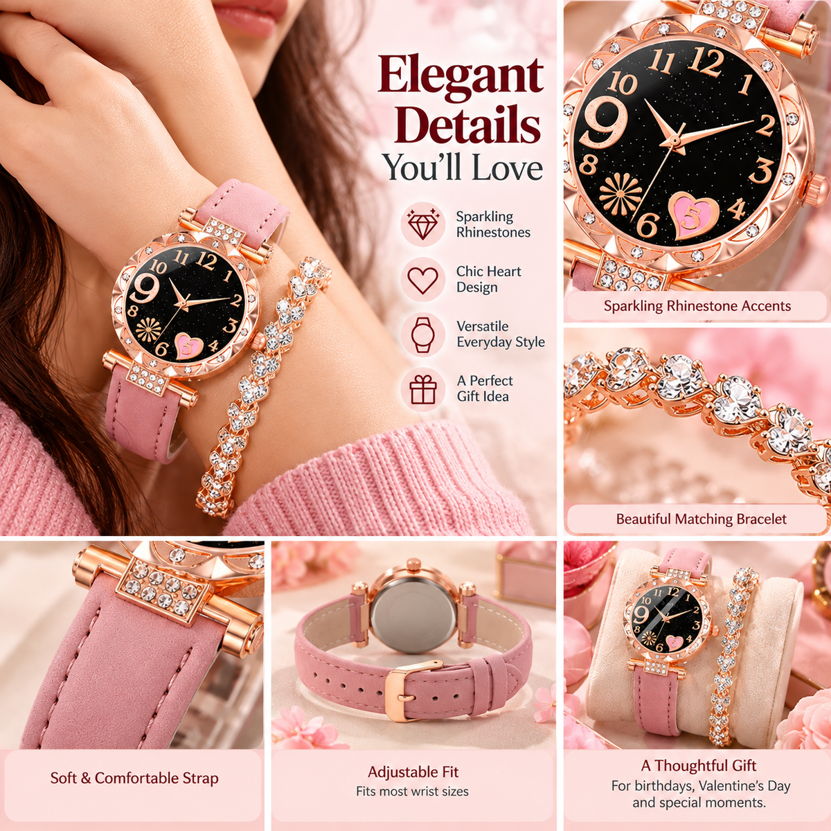 Rose Glow Watch and Crystal Bracelet Set details and fit