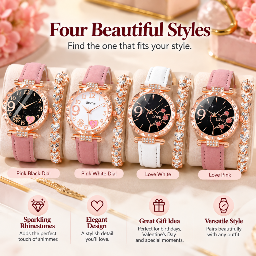 Rose Glow Watch and Crystal Bracelet Set four style options