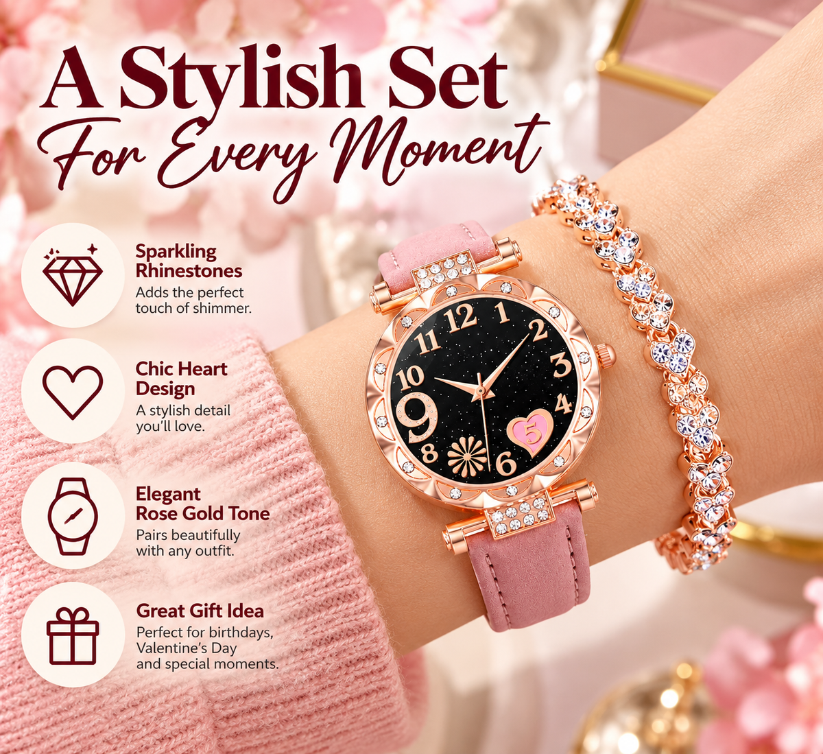 Rose Glow Watch and Crystal Bracelet Set worn together