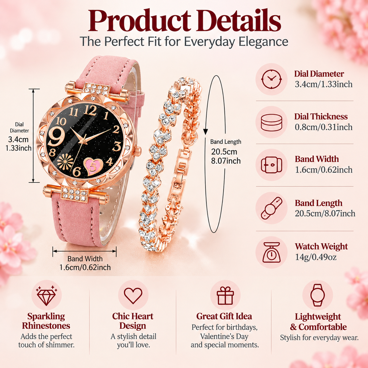 Rose Glow Watch and Crystal Bracelet Set measurements and product details