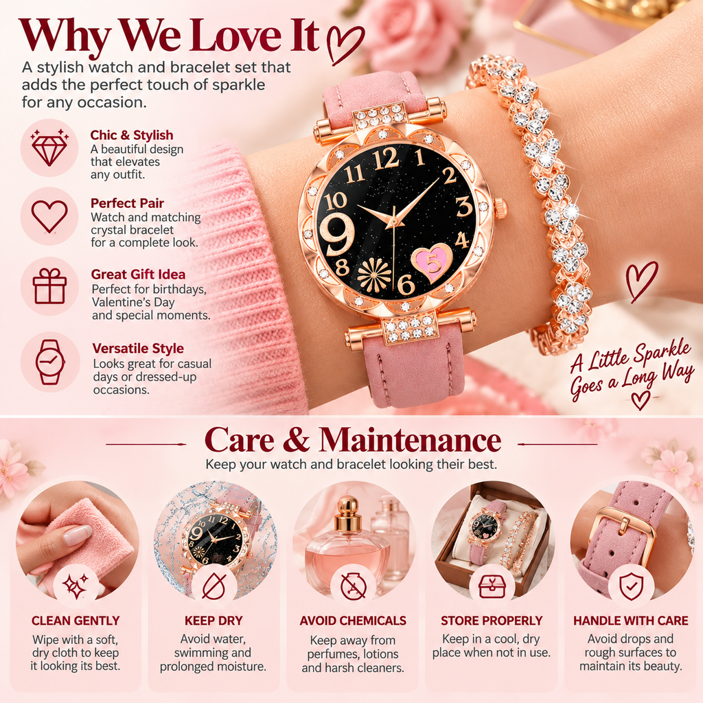 Rose Glow Watch and Crystal Bracelet Set why we love it and care guide