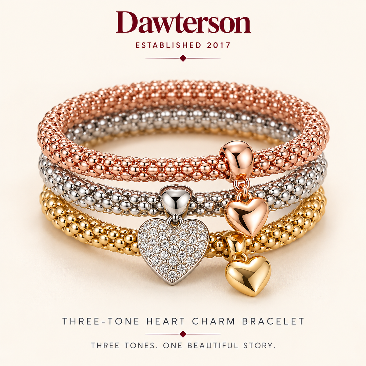 Three-Tone Heart Charm Bracelet set in rose gold, silver and gold