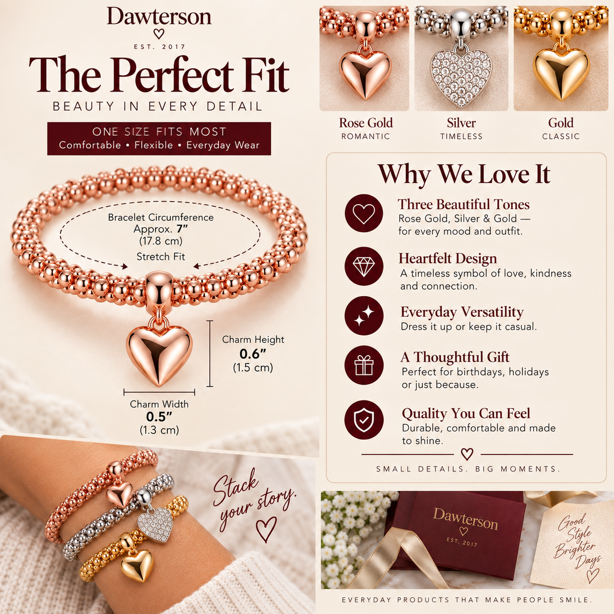 Three-Tone Heart Charm Bracelet size guide and product details