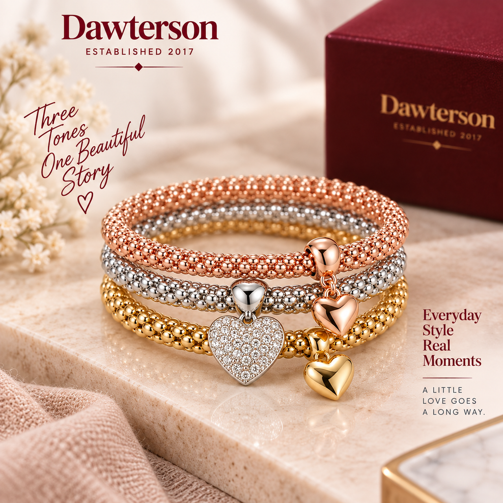 Three-Tone Heart Charm Bracelet set styled in a warm lifestyle setting