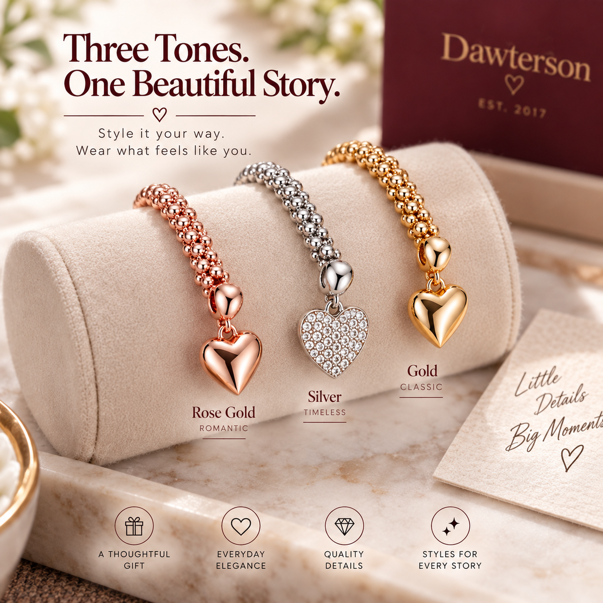 Three-Tone Heart Charm Bracelet set showing rose gold, silver pavé and gold heart designs