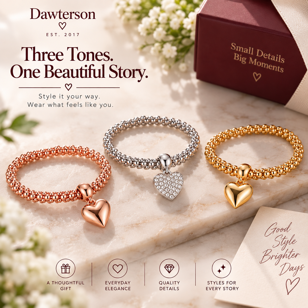 Three-tone heart charm bracelets in rose gold, silver pavé and gold with gifting and style details