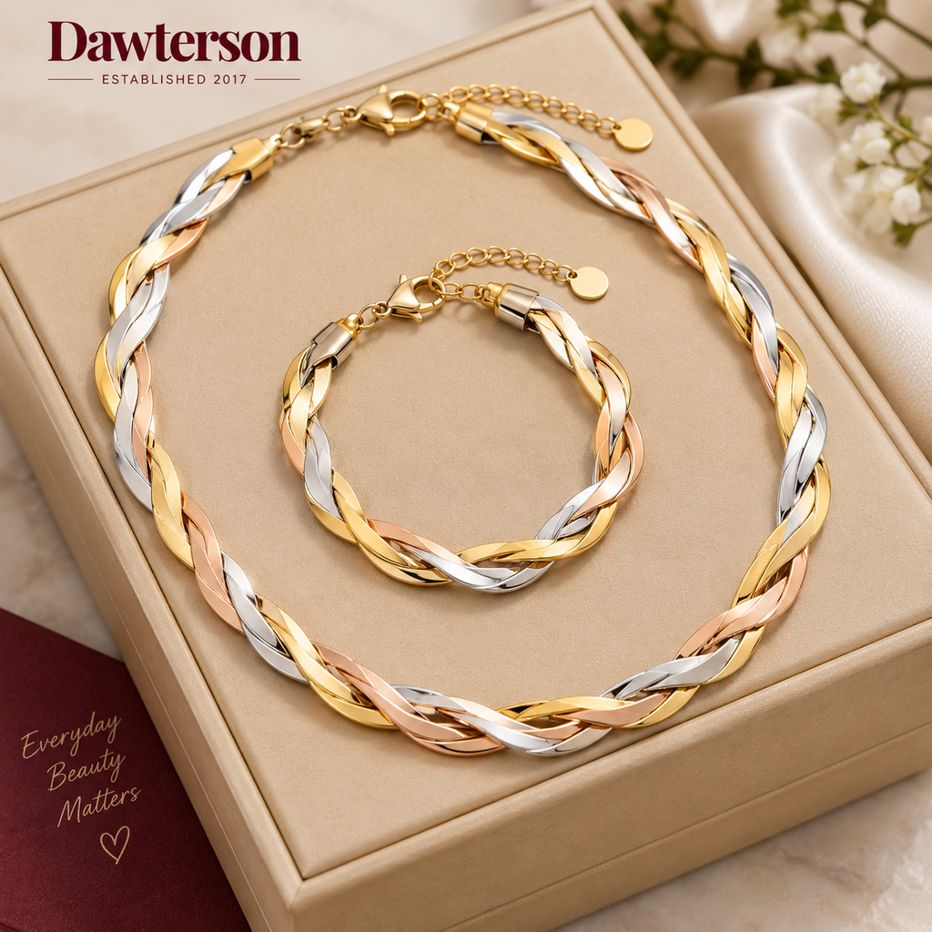 Tricolor Twist Necklace and Bracelet Set flat woven gold silver and rose-gold design