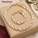 Tricolor Twist Necklace and Bracelet Set flat woven gold silver and rose-gold design