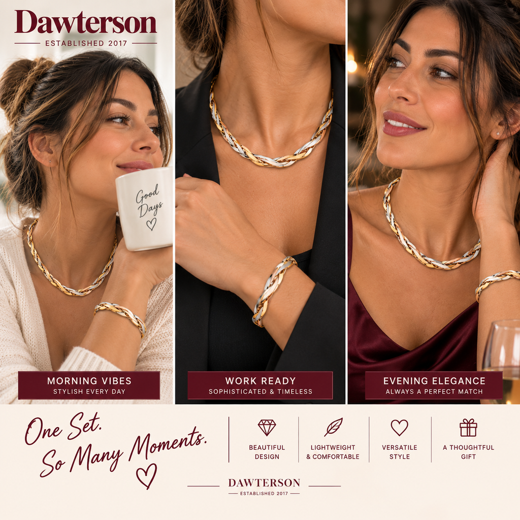 Tricolor Twist Necklace and Bracelet Set shown in three real-life styling occasions