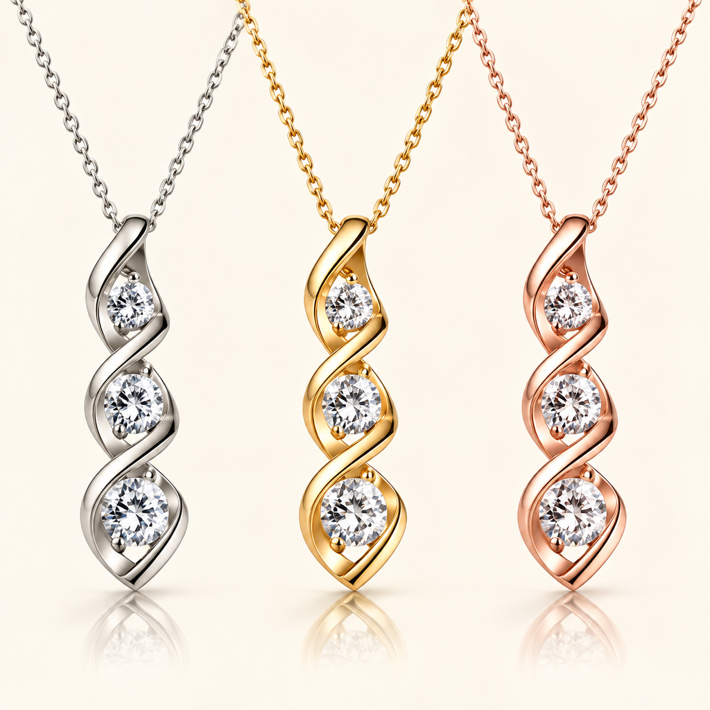 Twilight Spiral Crystal Pendant Necklace in silver, gold and rose gold