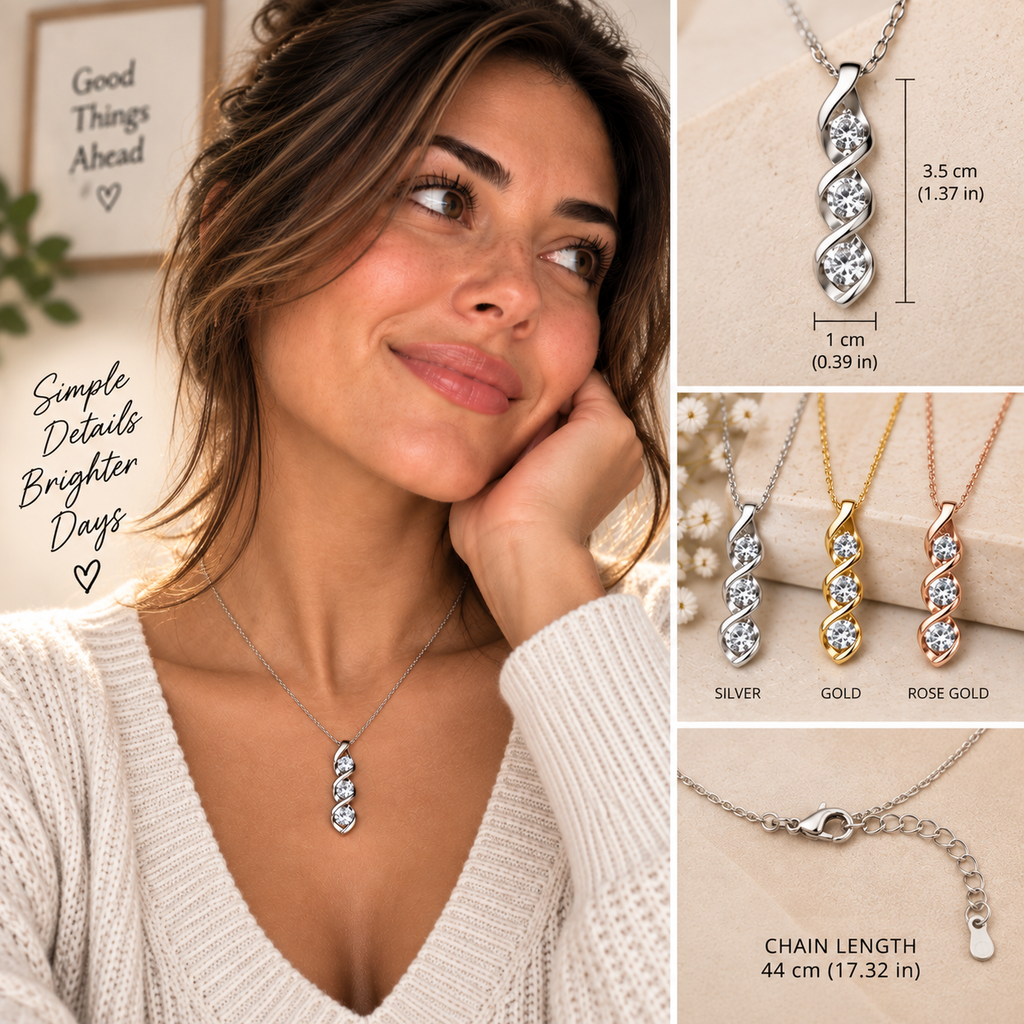 Twilight Spiral Crystal Pendant Necklace size, chain length, and silver gold rose gold variants