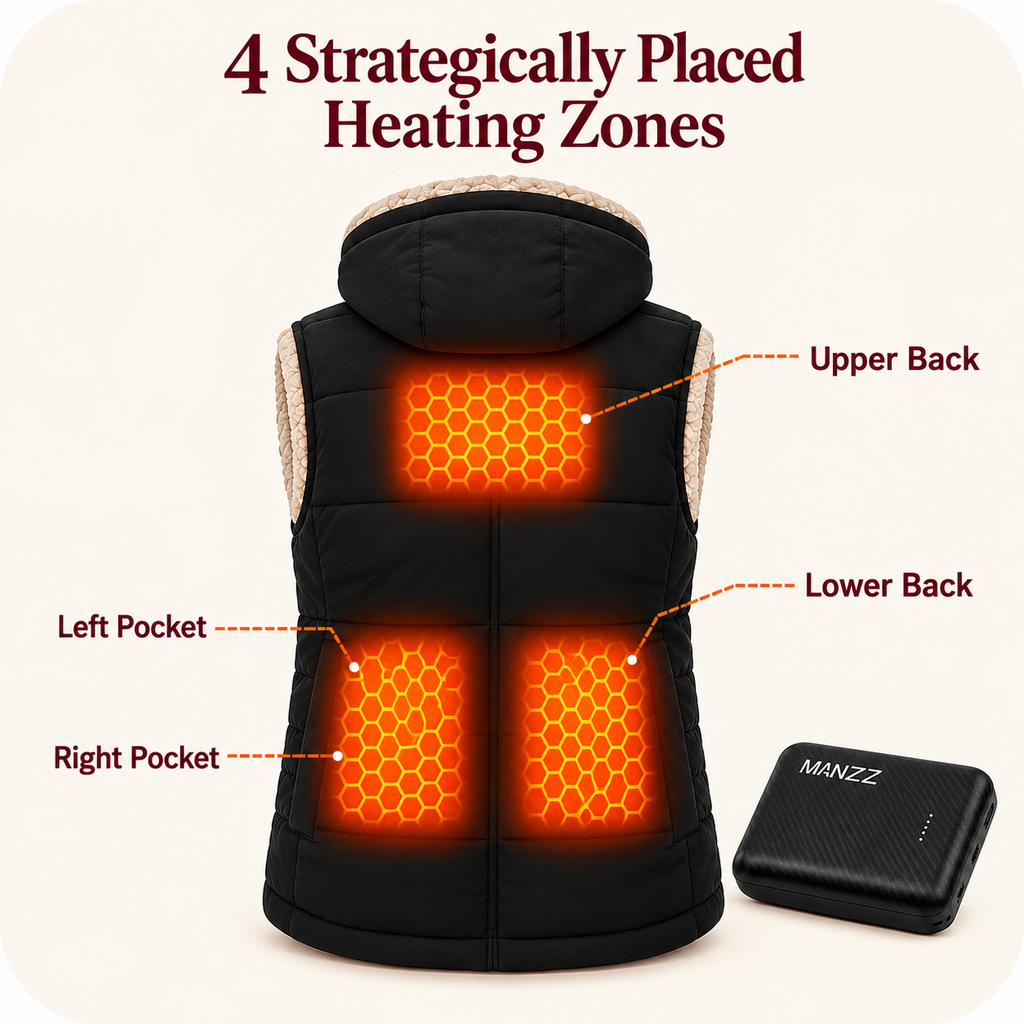 Women's 4-Zone Graphene Heated Vest - 4 Strategically Placed Heating Zones