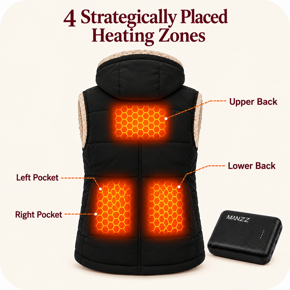 Women's 4-Zone Graphene Heated Vest - 4 Strategically Placed Heating Zones